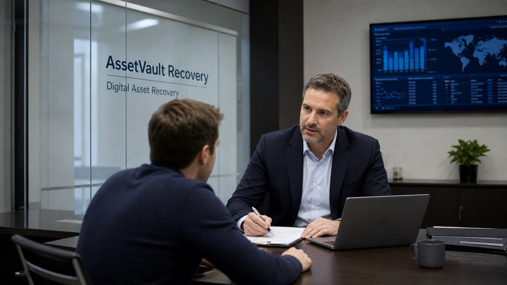 AssetVault Recovery specialist consulting with a client in a branded modern office