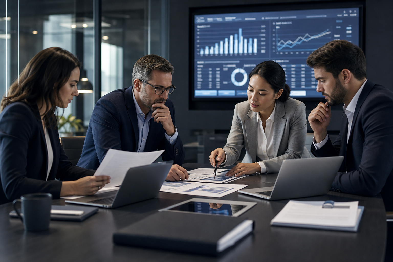 Professionals reviewing case files and transaction data during a confidential office meeting